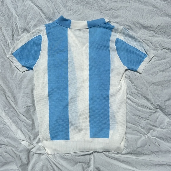 NWOT Blue and White Striped Knit Vintage Style Short Sleeve Button Up Shirt - Picture 3 of 3